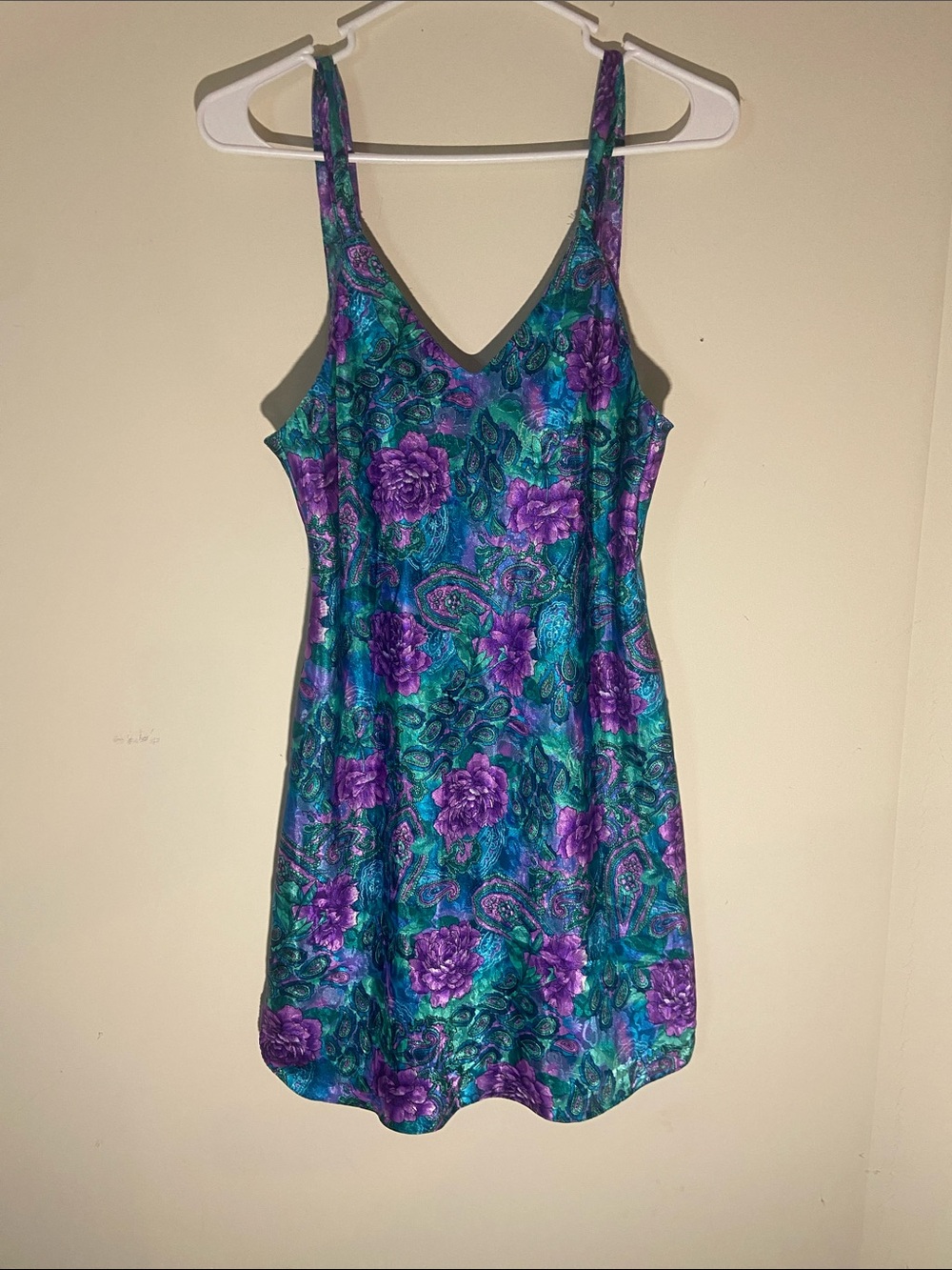 Vintage Lucie Ann Satin Teal&Purple Paisley Floral Pattern Slip Dress Size M